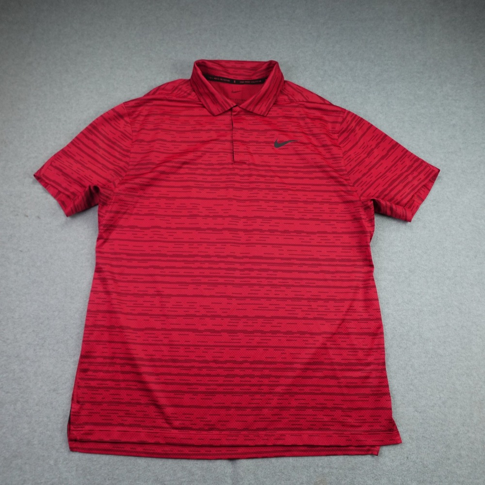 Nike Polo Shirt Mens Medium Red Stripe Tiger Woods Golf Dri-FIT ADV